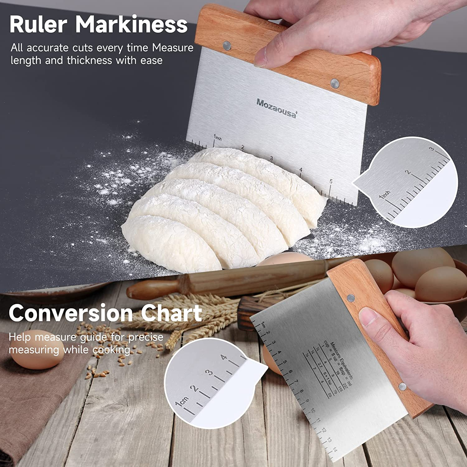 best seller Stainless Steel Griddle Scraper Chopper Great as Dough Cutter for Bread and Pizza Dough with Wooden Handle