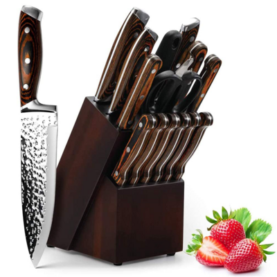 Customized 15 Piece Japan Damascus Stainless Steel Kitchen Knives Set with Wooden Block Manual Sharpening for Chef Knife