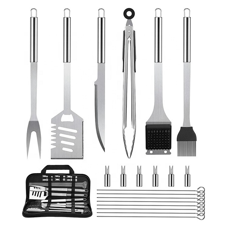 China Factory Yangjiang Barbecue Accessories Tools Utensils Kits Stainless Steel 21 PCS BBQ Grill Set with Skewers Brush Tongs