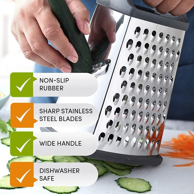 China Factory Vegetables Ginger Chopper Slicer 9 inch Stainless Steel 4 Sides Professional Box Cheese Grater with Container