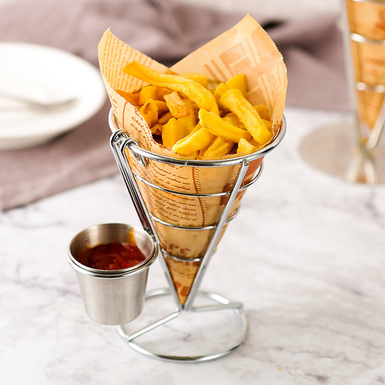 China Supplier Fries Stand Frying Basket Finger Food Cones French Fry Holder with Sauce Holder for Kitchen Restaurant Buffet