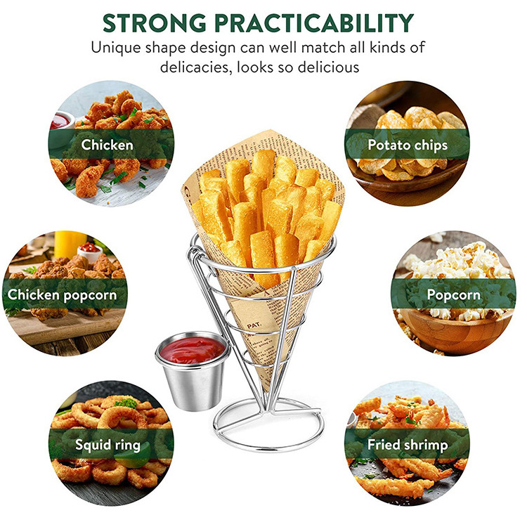 China Supplier Fries Stand Frying Basket Finger Food Cones French Fry Holder with Sauce Holder for Kitchen Restaurant Buffet