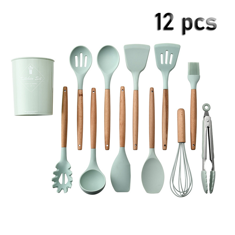 12 Pieces In 1 Set Silicone Kitchen Accessories Cooking Tools Kitchenware Cocina Silicone Kitchen Utensils With Wooden Handles