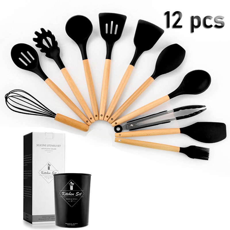 12 Pieces In 1 Set Silicone Kitchen Accessories Cooking Tools Kitchenware Cocina Silicone Kitchen Utensils With Wooden Handles