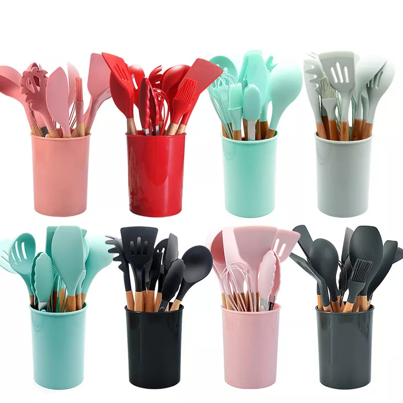 12 Pieces In 1 Set Silicone Kitchen Accessories Cooking Tools Kitchenware Cocina Silicone Kitchen Utensils With Wooden Handles