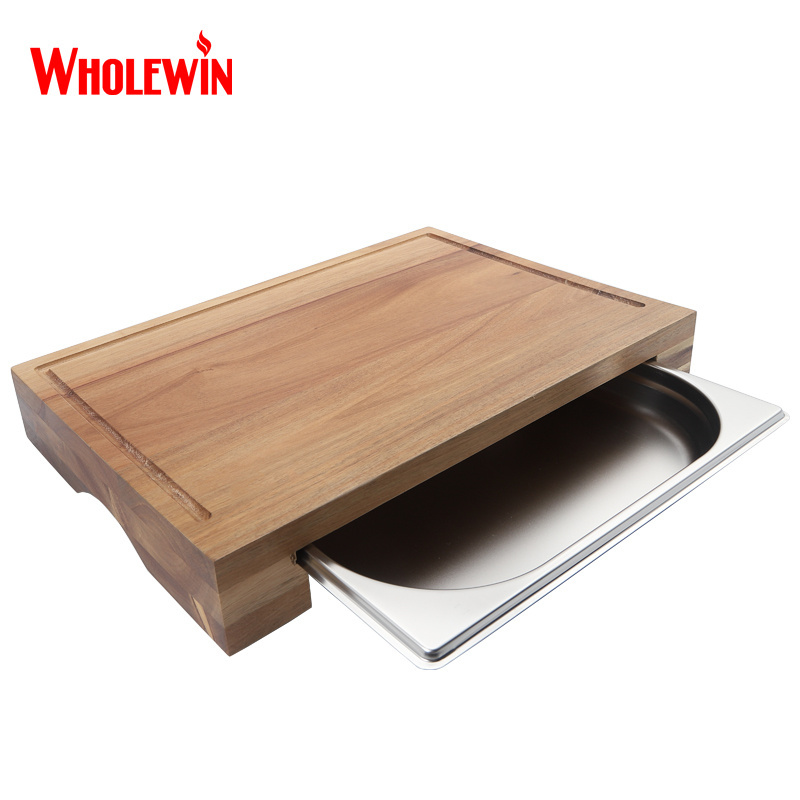 Best Promotion Gift Kitchen Acacia Wood Cutting With Sliding Stainless Steel Tray Storage Wooden Chopping Board