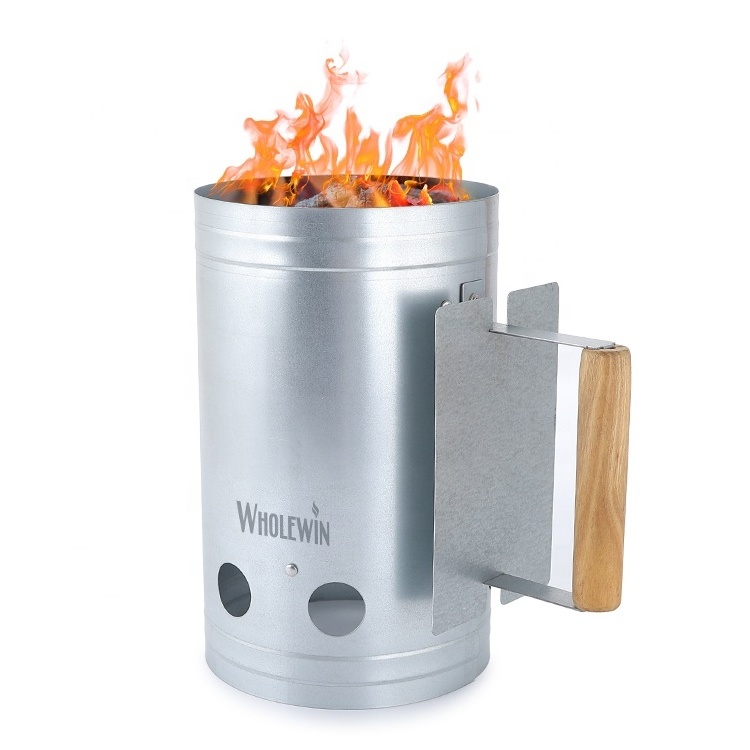 Heavy-Duty Metal Charcoal Fire Starter for Fireplace and Grill BBQ with Wooden Handle and Heat Resistance Feature