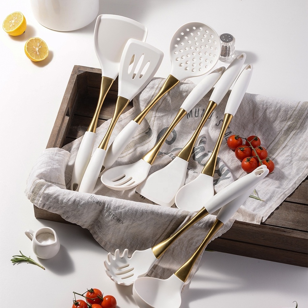 Hight Quality 8 Pcs Golden Stainless Steel Kitchen Cooking Utensil Set  Silicone Gold Serving Kitchen Stuff Cooking Tools