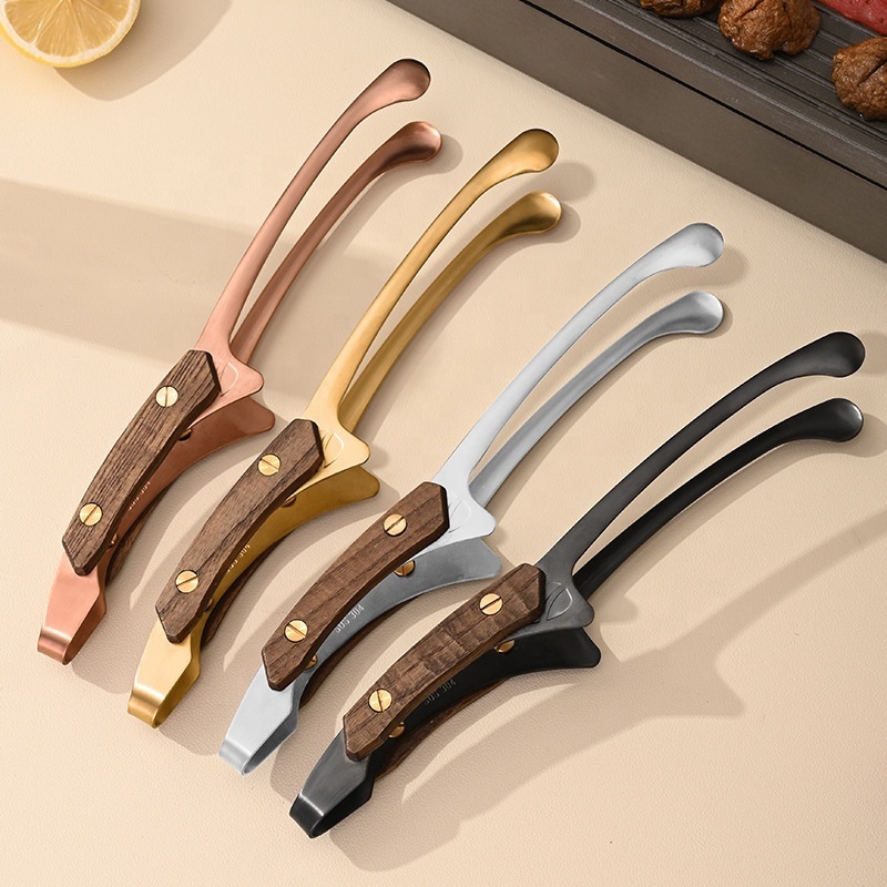 YJ Wonderful Custom Logo Stainless Steel BBQ Tongs Wooden Handle Golden Food Clip Baking Cleaning Kitchen Stainless Steel