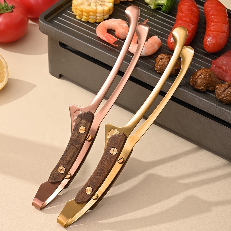 YJ Wonderful Custom Logo Stainless Steel BBQ Tongs Wooden Handle Golden Food Clip Baking Cleaning Kitchen Stainless Steel