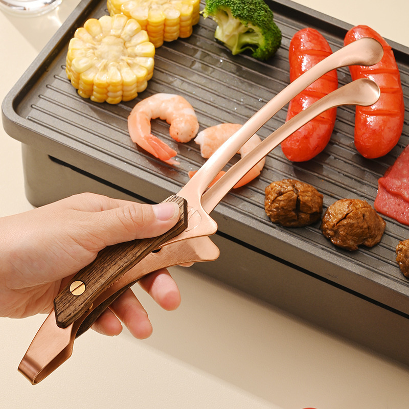 YJ Wonderful Custom Logo Stainless Steel BBQ Tongs Wooden Handle Golden Food Clip Baking Cleaning Kitchen Stainless Steel