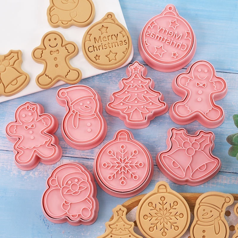 YJ Wonderful Custom 10Pcs 3D Christmas Fondant Candy Cookies Mould Lovely Gingerbread Santa Claus Stamp Biscuit Mold Cake Set