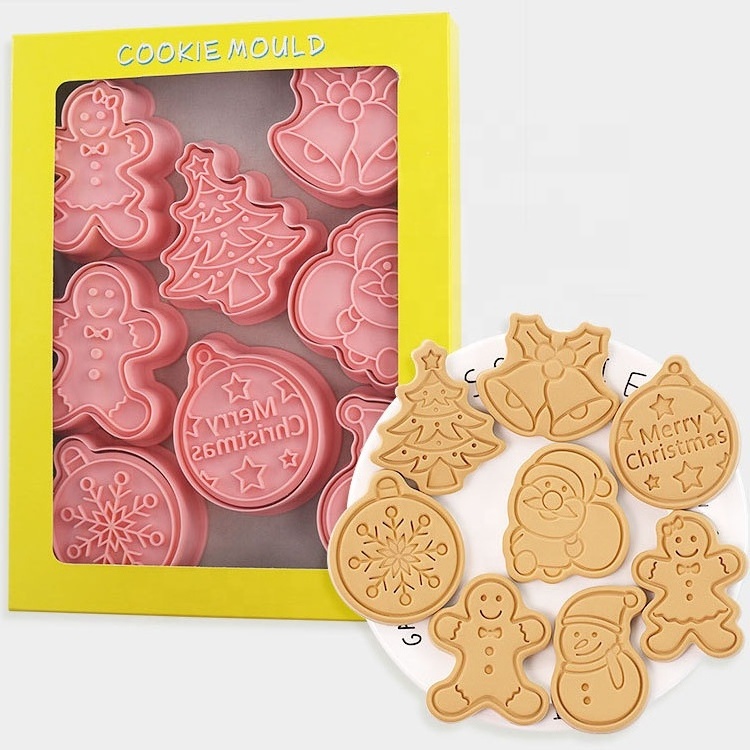 YJ Wonderful Custom 10Pcs 3D Christmas Fondant Candy Cookies Mould Lovely Gingerbread Santa Claus Stamp Biscuit Mold Cake Set