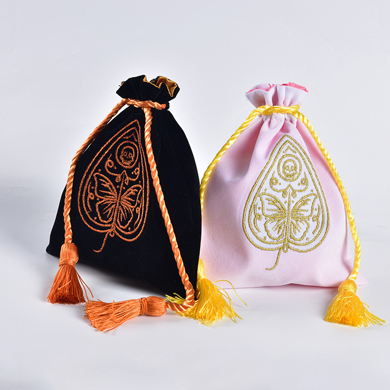 Cosmetic Double-layer Pouch Satin Lining Tassel Drawstring Bag Wholesale Embroidered Logo Soft Velvet Perfume Packing Bags