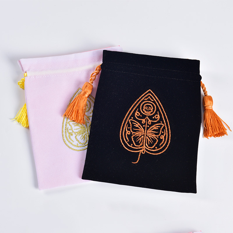 Cosmetic Double-layer Pouch Satin Lining Tassel Drawstring Bag Wholesale Embroidered Logo Soft Velvet Perfume Packing Bags