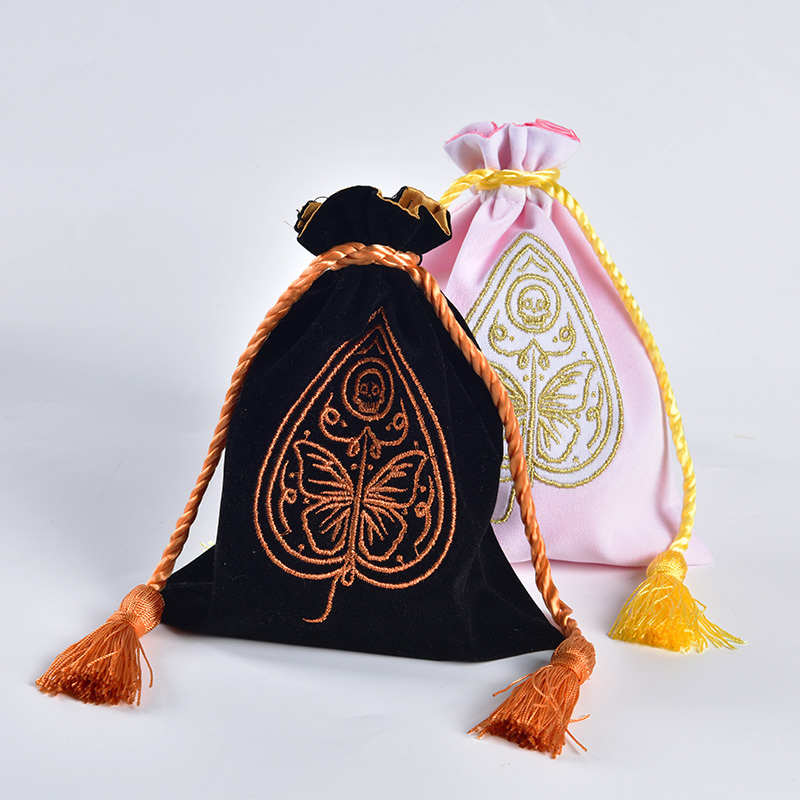 Cosmetic Double-layer Pouch Satin Lining Tassel Drawstring Bag Wholesale Embroidered Logo Soft Velvet Perfume Packing Bags