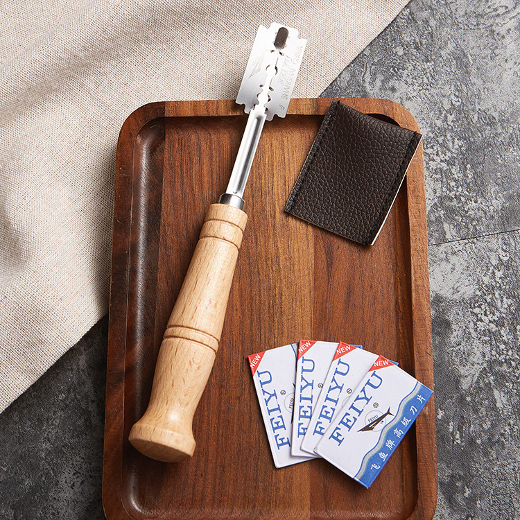 Baking Pastry Dough Scraper Scoring Tools Bread Scoring tool with 4 Replaceable Blades Bread Scoring Lame with wooden handle