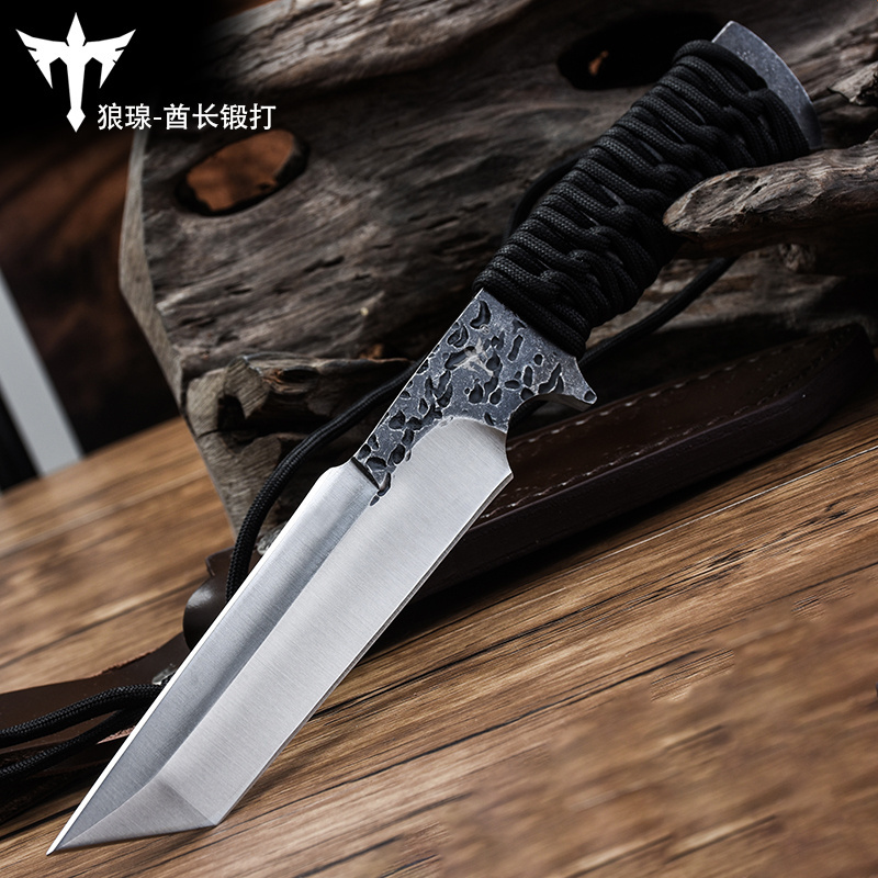 Wholesale outdoor camping survival self-defense steel knife with leather knife set fixed blade knife with sandalwood handle