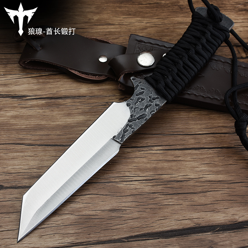 Wholesale outdoor camping survival self-defense steel knife with leather knife set fixed blade knife with sandalwood handle