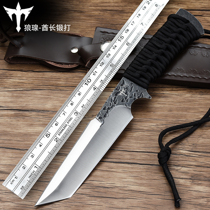 Wholesale outdoor camping survival self-defense steel knife with leather knife set fixed blade knife with sandalwood handle