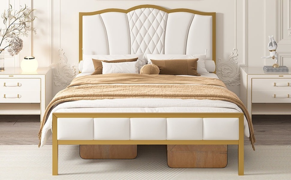 New of the Year Modern padded bed Metal frame down headboard white noiseless easy to assemble