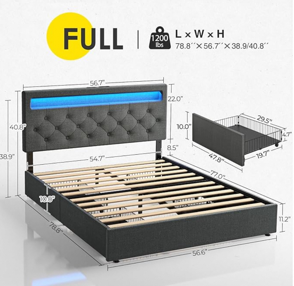 Full Size Bed Frame with Charging Station and LED Lights, Upholstered Bed with Adjustable Headboard and 4 Storage Drawers