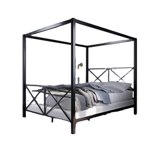 Metal Canopy Bed Frame with Four Poster Design and Geometric Accented Headboard and Footboard, Underbed Storage Space, Queen,