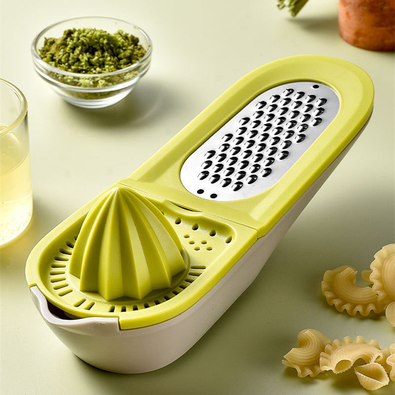 Green Plastic Kitchen Gadgets Multifunction Manual Garlic Press Grater Lemon Squeezer With Container