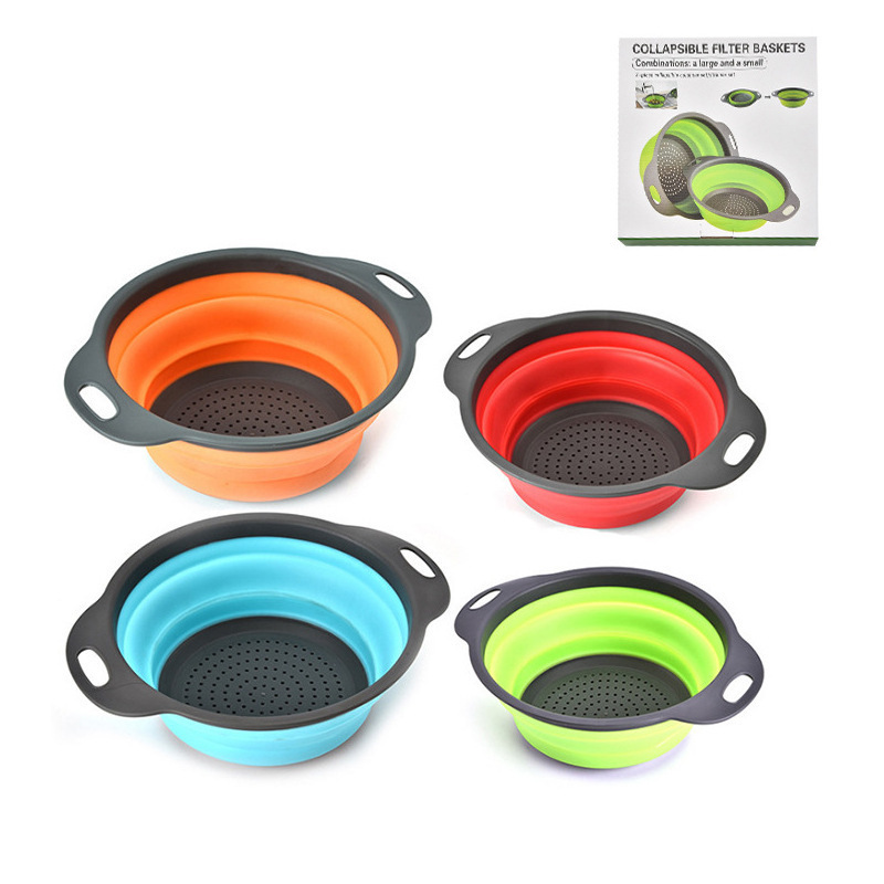 home kitchen accessories multifunctional vegetable fruit collapsible foldable round silicone basket filter colander set of 2