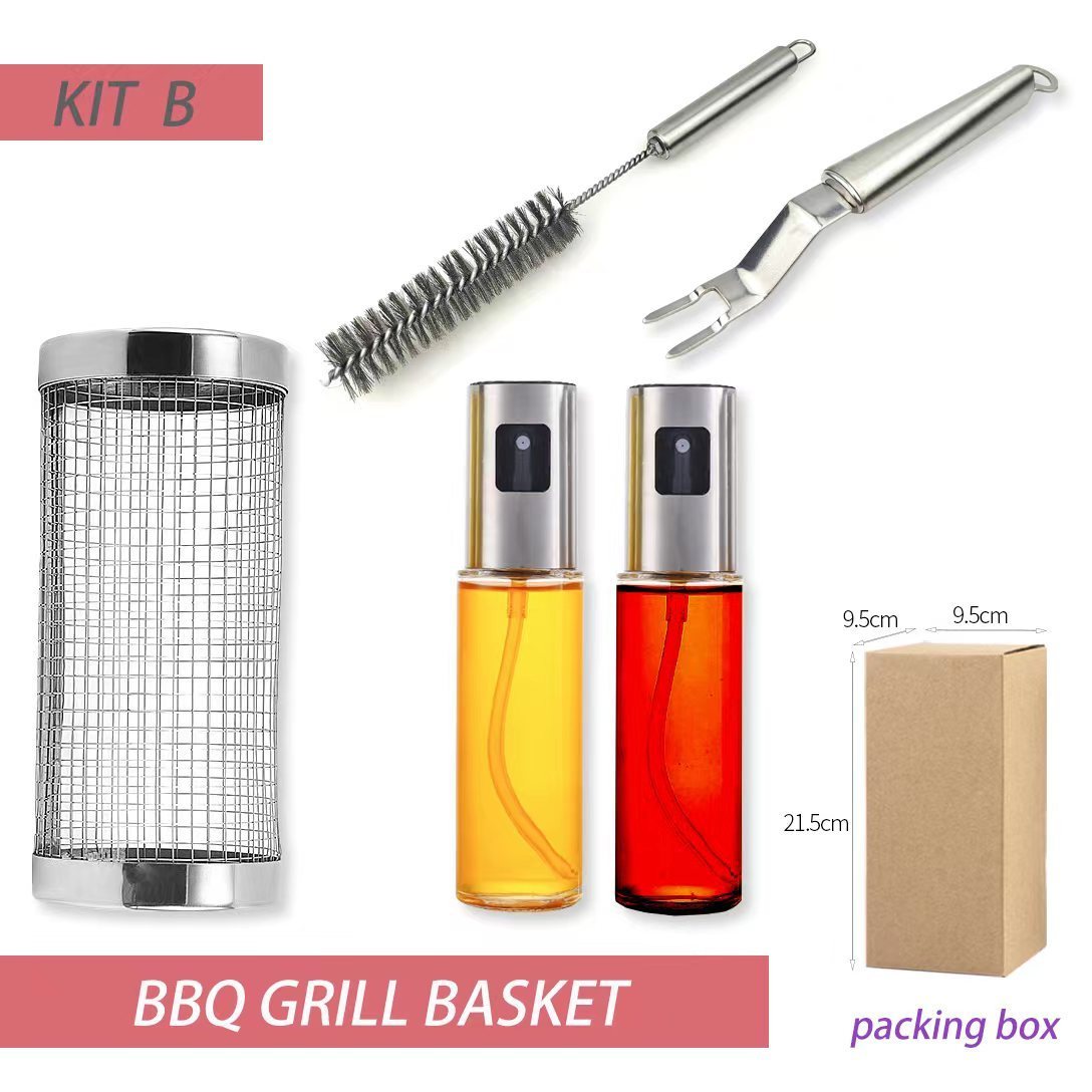 Portable Outdoor Camping Barbecue Cylinder Round Wire Mesh Rack Net Tube Stainless Steel Rolling Grilling BBQ Grill Basket