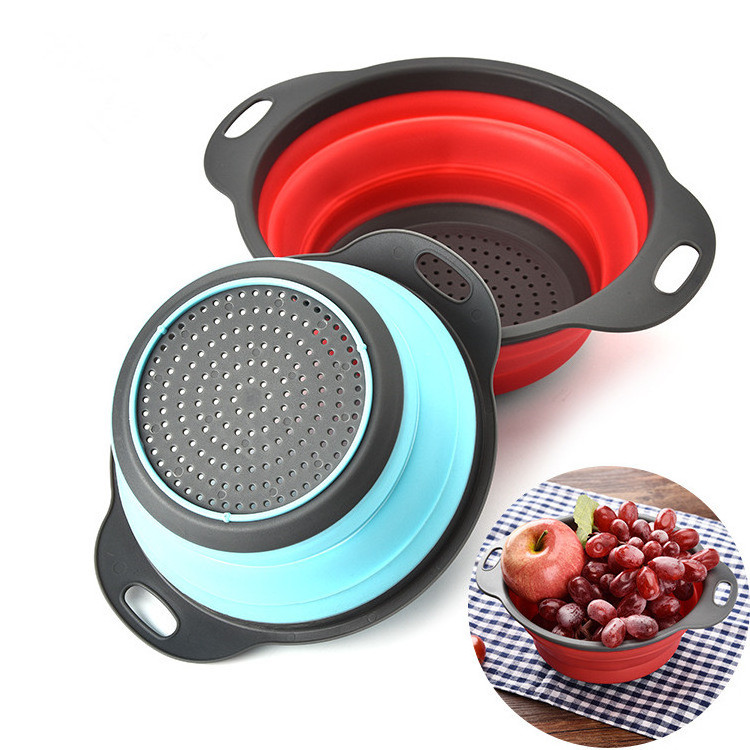 home kitchen accessories multifunctional vegetable fruit collapsible foldable round silicone basket filter colander set of 2