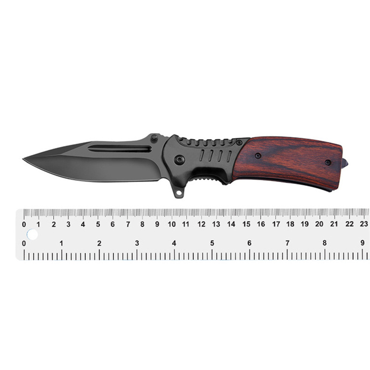 Hot Sale Black Blade Mahogany wood Handle Tactical Hunting Folding Pocket Knife with Belt Clip For Survival Camping