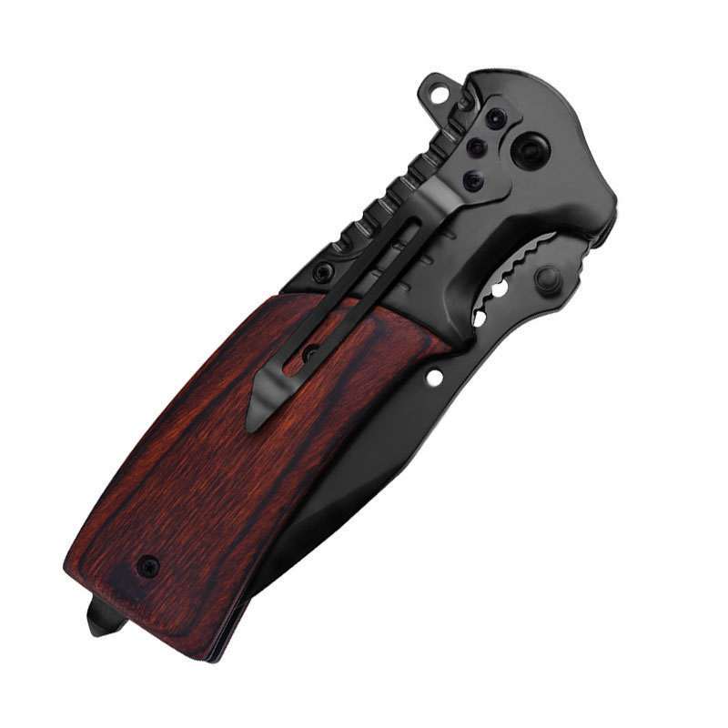 Hot Sale Black Blade Mahogany wood Handle Tactical Hunting Folding Pocket Knife with Belt Clip For Survival Camping