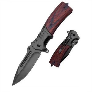 Hot Sale Black Blade Mahogany wood Handle Tactical Hunting Folding Pocket Knife with Belt Clip For Survival Camping