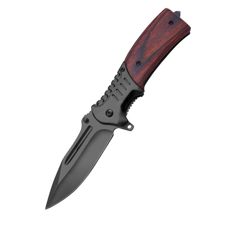 Hot Sale Black Blade Mahogany wood Handle Tactical Hunting Folding Pocket Knife with Belt Clip For Survival Camping