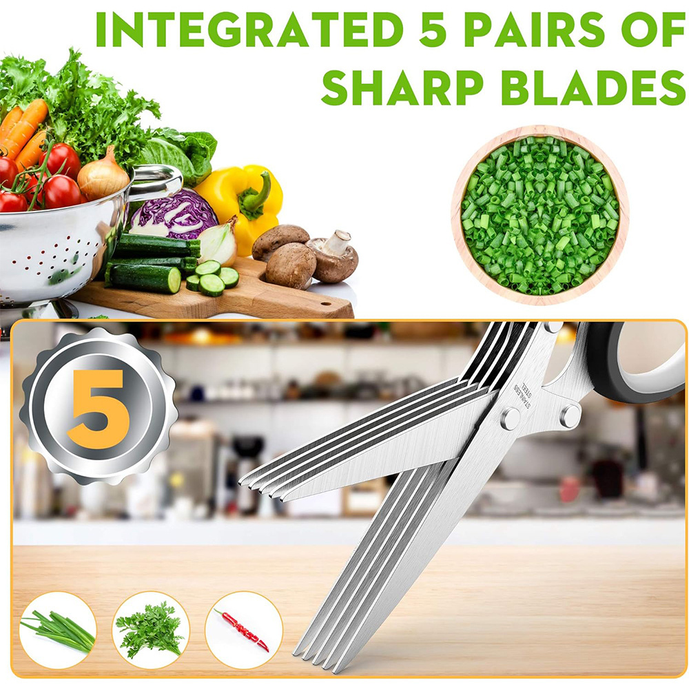 Cool Kitchen Gadgets  Cutting Fresh Garden Herbs Stainless Steel 5 Blades Herb Cutter Shears Herb Scissors for Sale