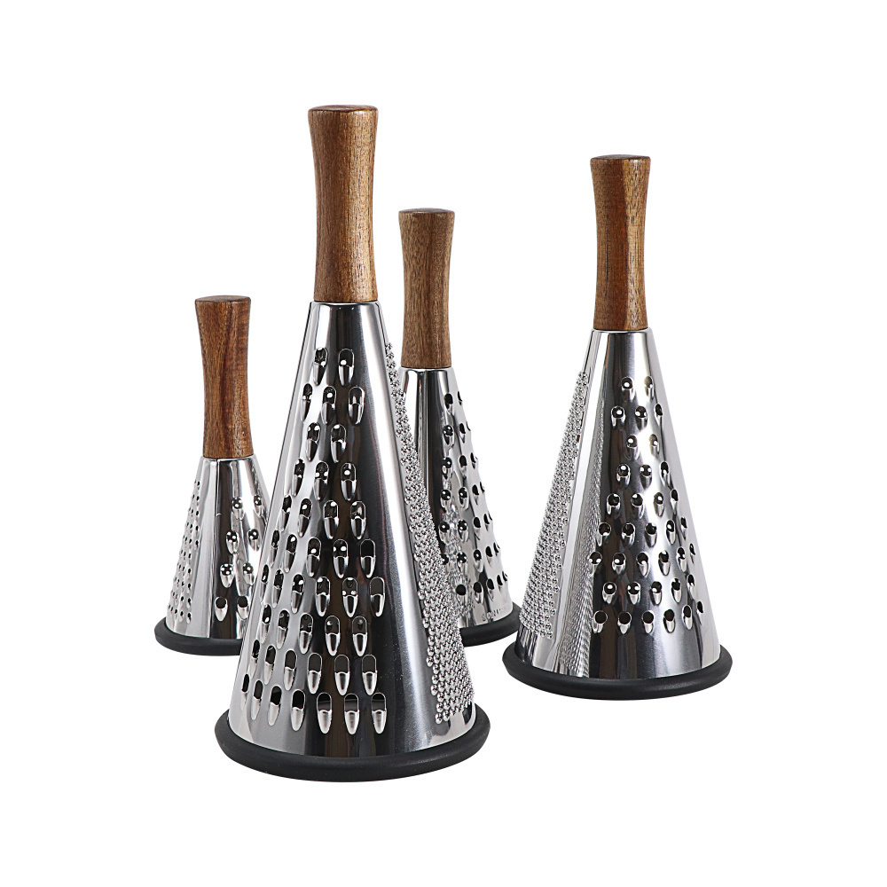 Top Sell Stainless Steel 3 Side Fruit Vegetable Professional Cheese Grater Cone Multifunction Grater with Wood Handle