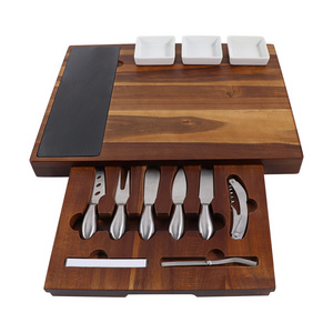 Acacia Wood Charcuterie Board with Drawer Stainless Steel Cutlery Set Ceramic Bowls