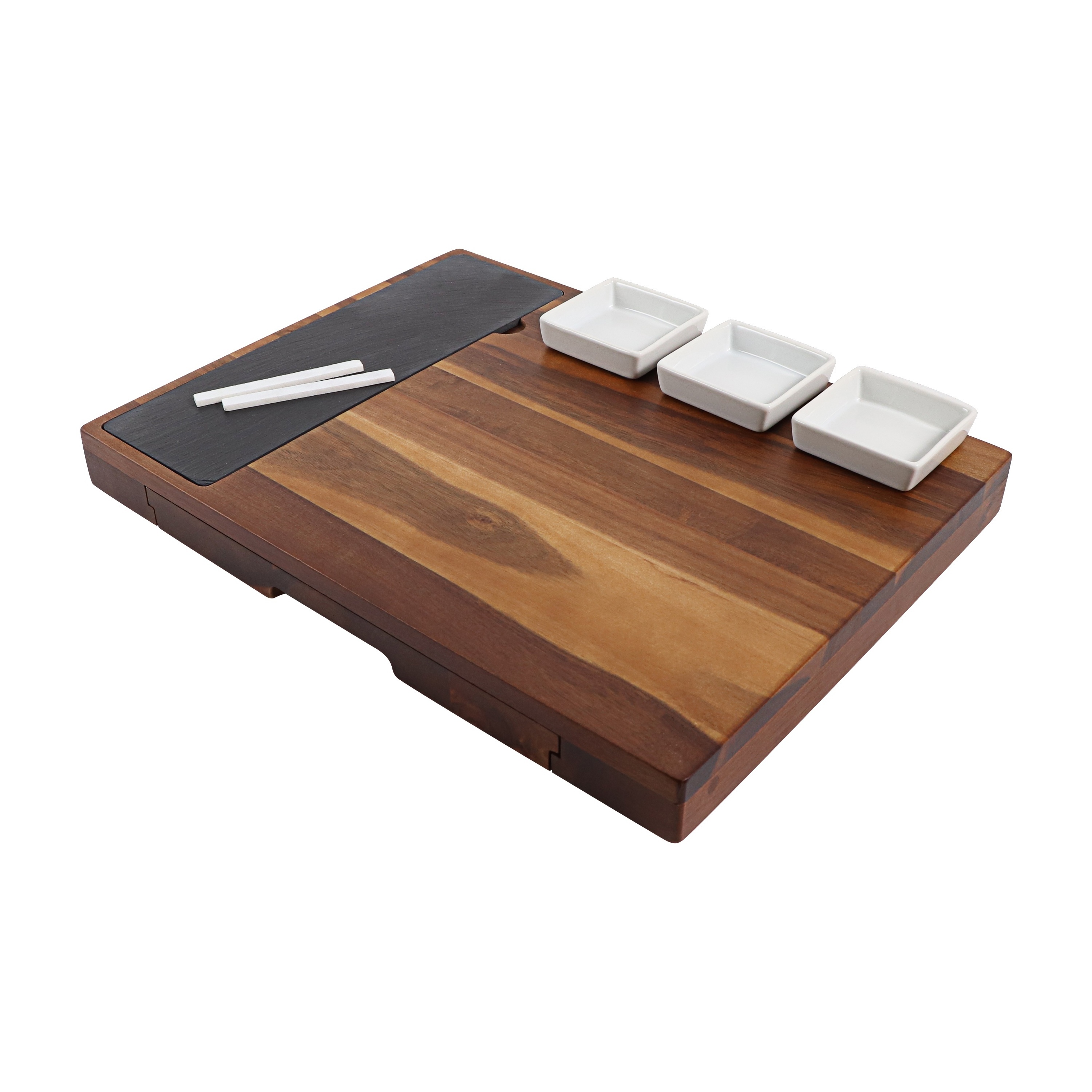 Acacia Wood Charcuterie Board with Drawer Stainless Steel Cutlery Set Ceramic Bowls