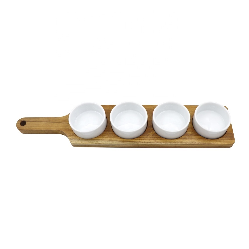 Acacia wood serving tray 4pcs ceramic dipping sauce bowls