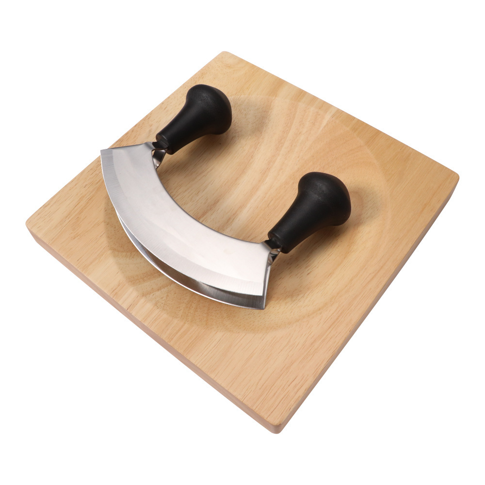 Hot selling stainless steel chopper anti slip handle sharp rocker pizza cutter mezzaluna knife with wood chopping board