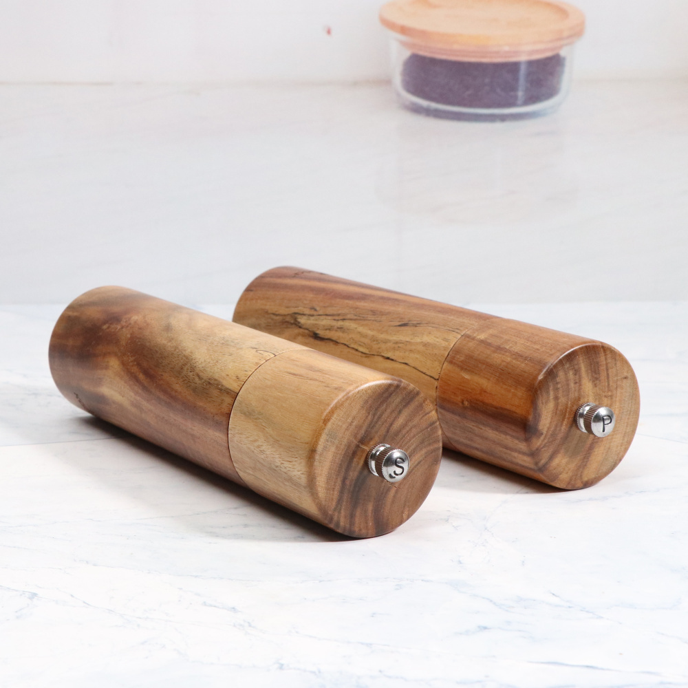 Kitchen Acacia Wood Manual Lapping Grinder Salt Peppers Castor Tool Seasoning Pepper Mill Set of 2