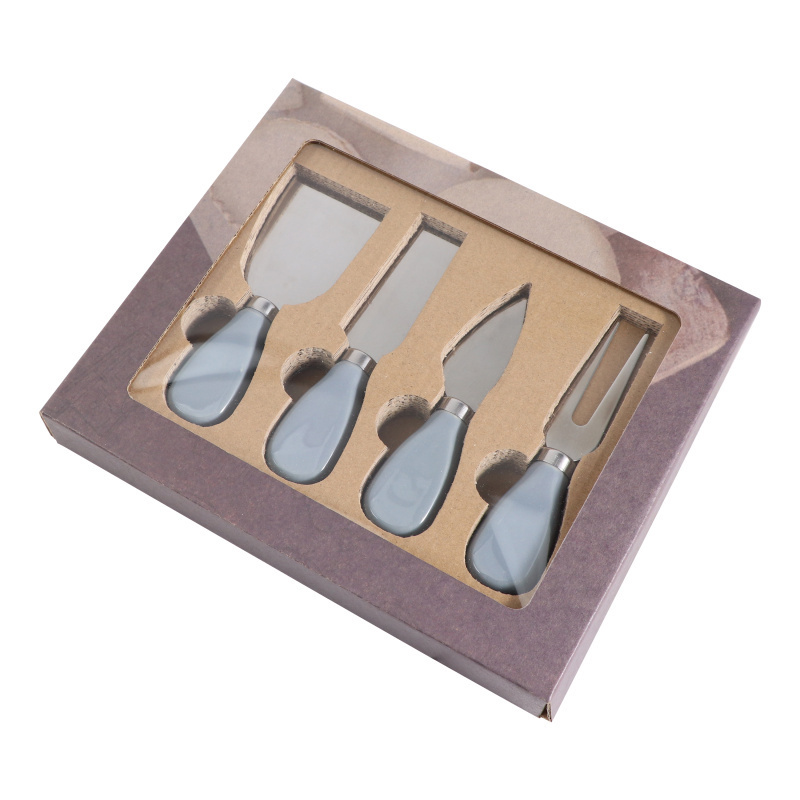 4 Pcs Set Marble Pattern Metal Stainless Steel Cutter Cheese Knife Set with Grey Ceramic Handle