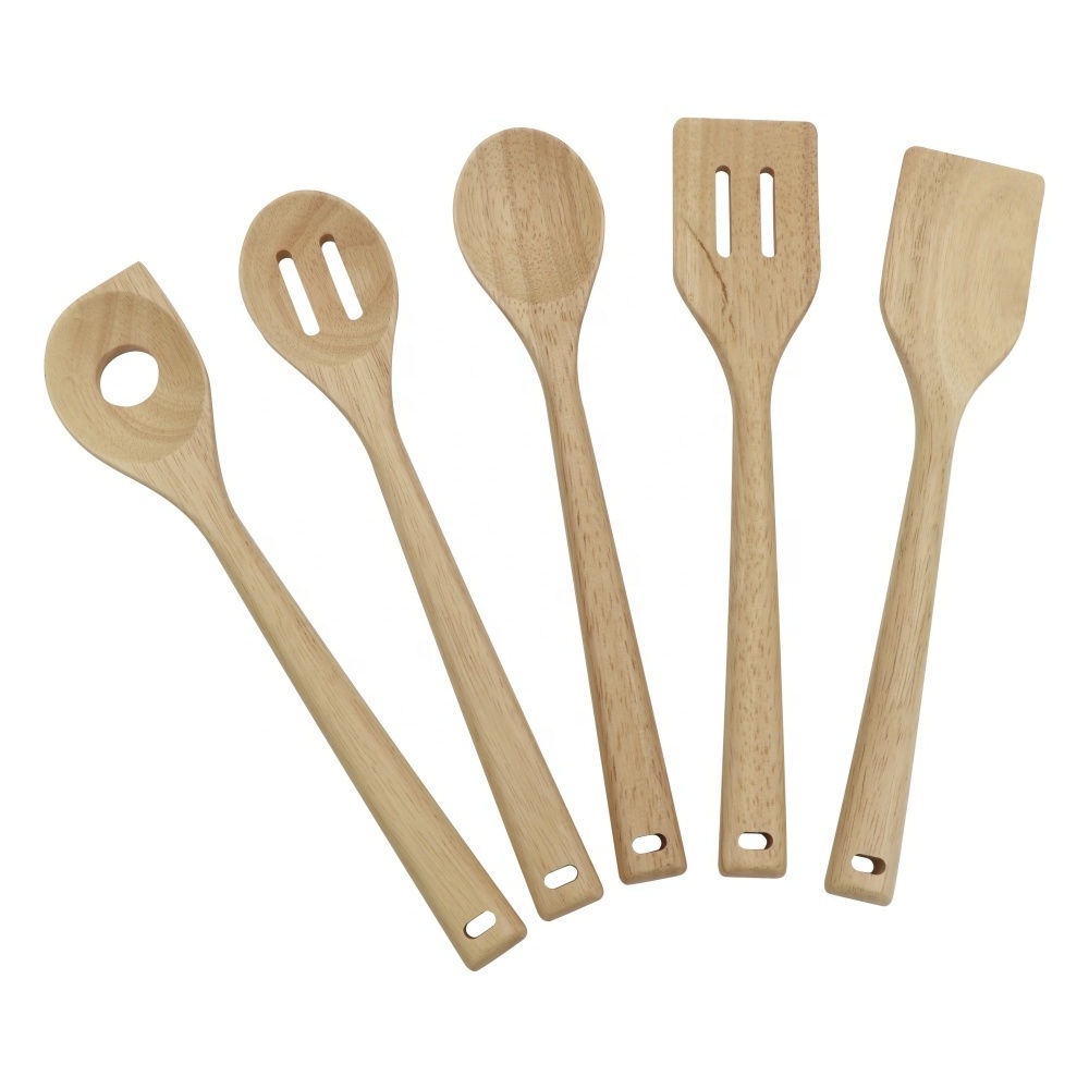 Rubber wood kitchen utensils set 5 piece non-stick wooden utensils for cooking