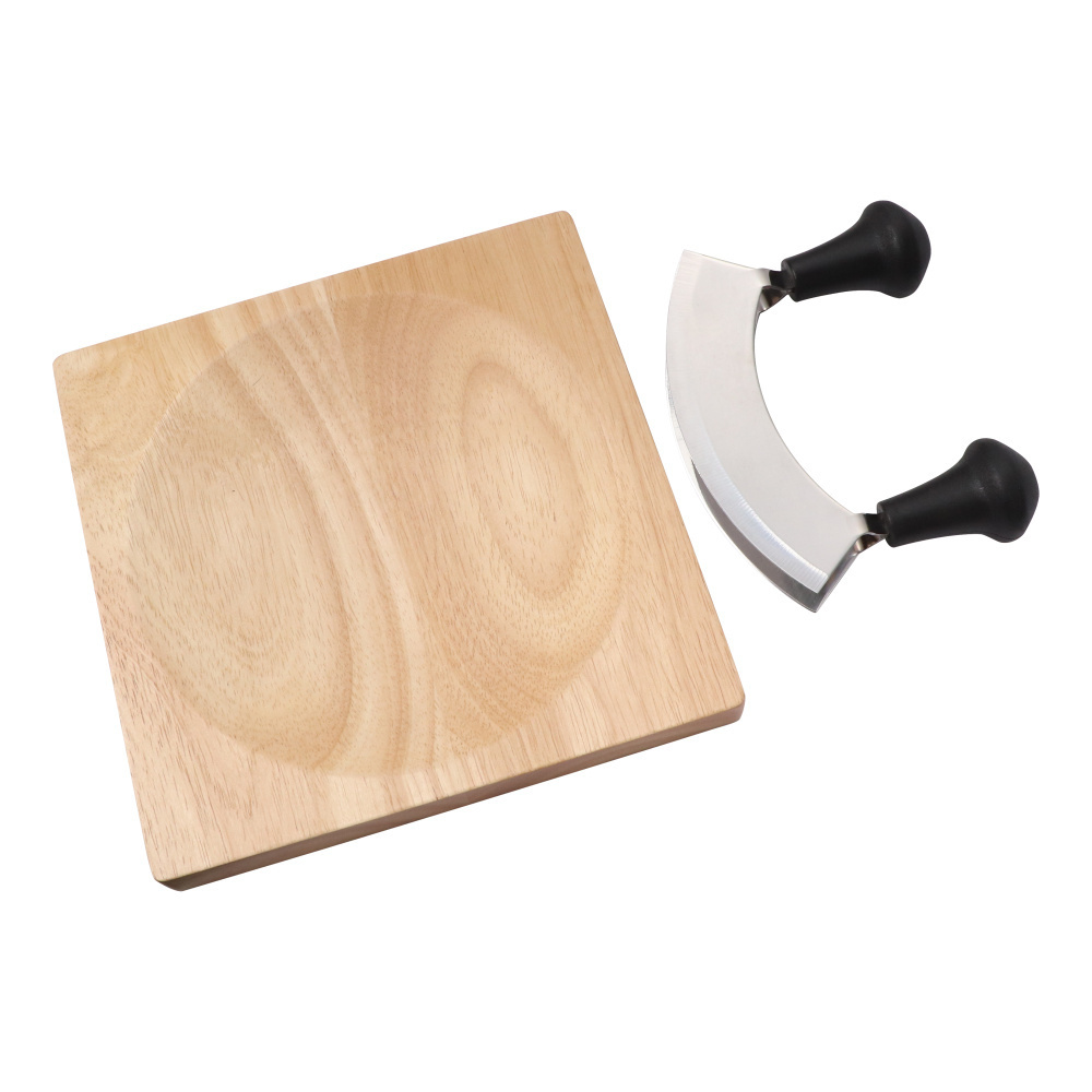 Hot selling stainless steel chopper anti slip handle sharp rocker pizza cutter mezzaluna knife with wood chopping board