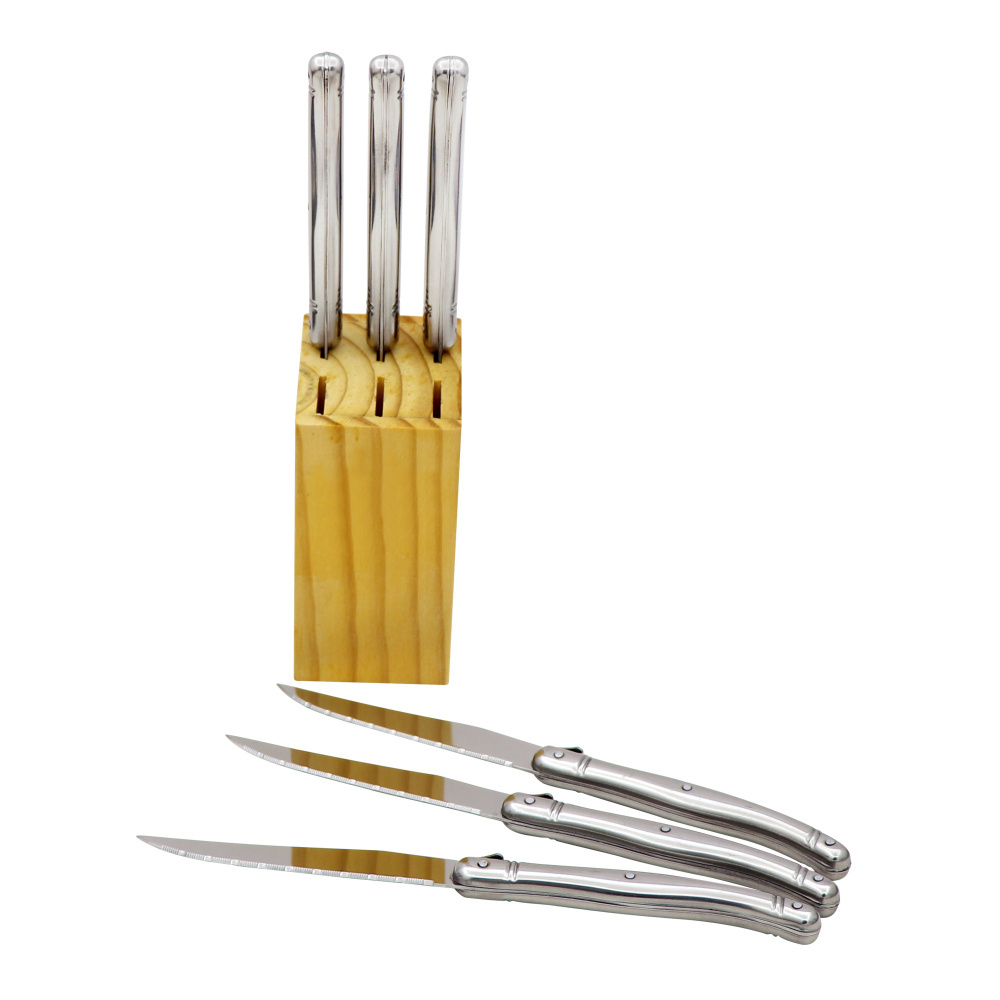 Laguiole style stainless steel steak knives and wooden knife block