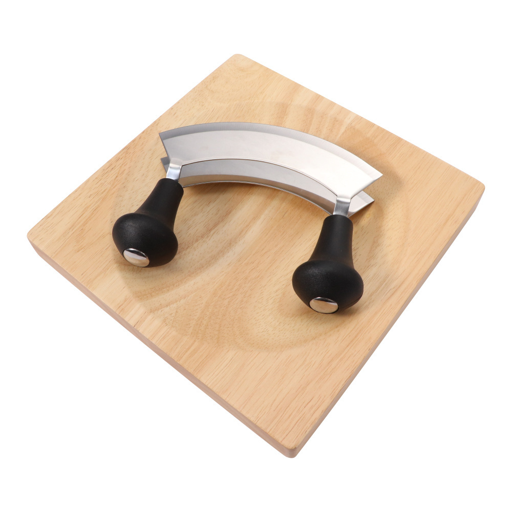 Hot selling stainless steel chopper anti slip handle sharp rocker pizza cutter mezzaluna knife with wood chopping board