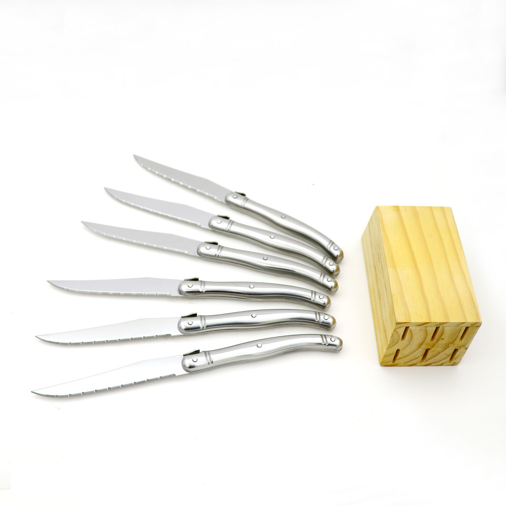 Laguiole style stainless steel steak knives and wooden knife block