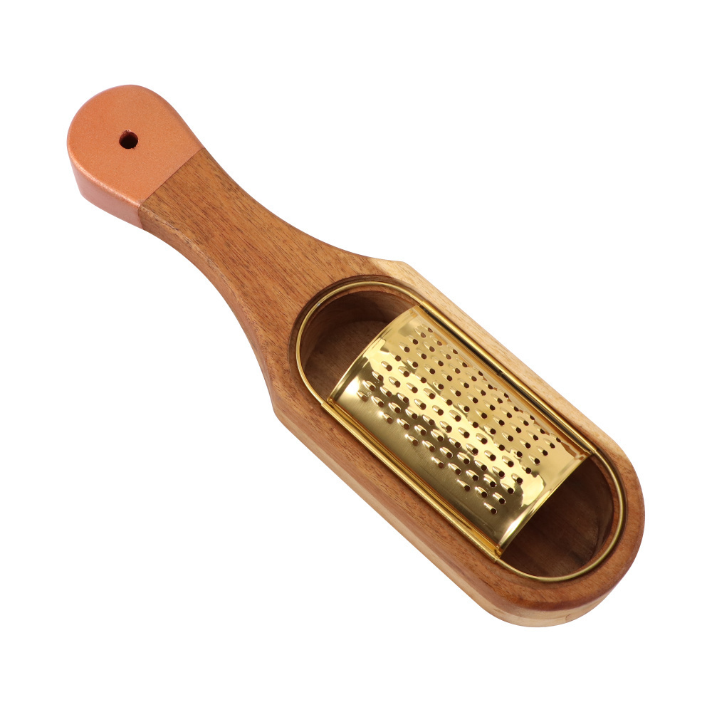 Kitchen Gold Stainless Steel Cheese Grater with Removable Acacia Wood Collector Cheese Grater With Box Cheese Tools Server