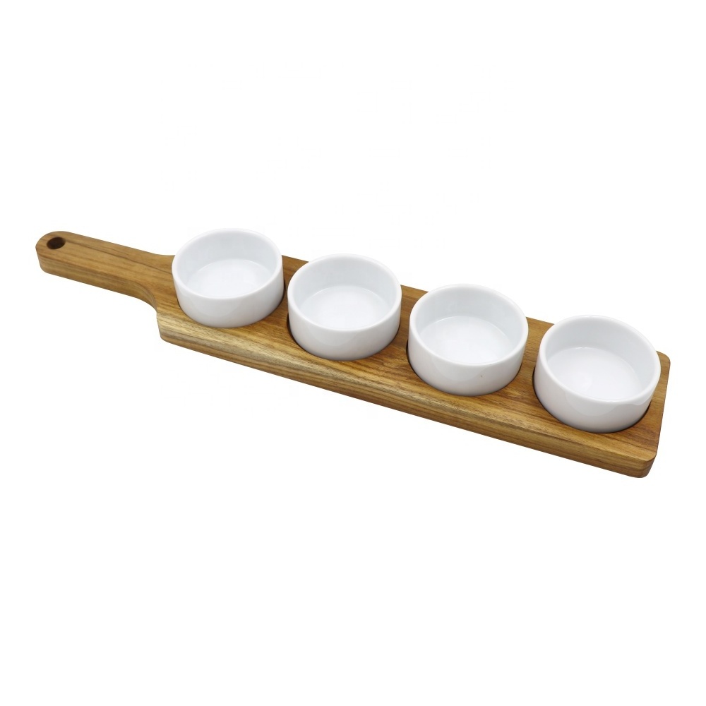 Acacia wood serving tray 4pcs ceramic dipping sauce bowls